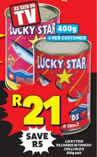 Usave LUCKY STAR PILCHARDS IN TOMATO/ CHILLI SAUCE 400g each offer