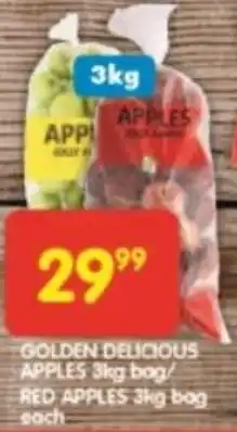 Shoprite GOLDEN DELICIOUS APPLES 3kg bag RED APPLES 3kg bag each offer