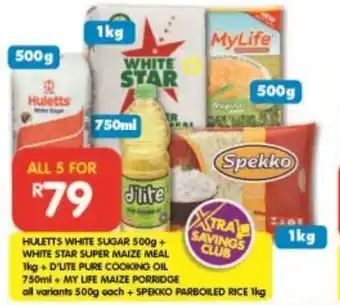 Shoprite HULETTS WHITE SUGAR 500g + WHITE STAR SUPER MAIZE MEAL 1kg + D'LITE PURE COOKING OIL 750ml MY LIFE MAIZE PORRIDGE offer