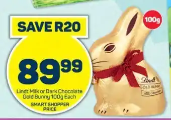 Pick n Pay Lindt Milk or Dark Chocolate Gold Bunny 100g Each offer