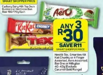 Pick n Pay Nestlé Tex, Smarties Kit Kat Chunky or 4 Finger Assorted, Aero Assorted Bar One or Milkybar 40-42g offer