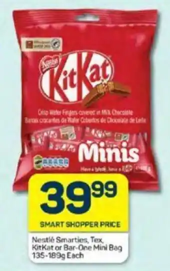 Pick n Pay Nestlé Smarties, Tex, KitKat or Bar-One Mini Bag 135-189g Each offer