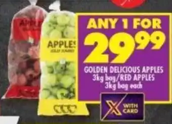Shoprite GOLDEN DELICIOUS APPLES 3kg bag/RED APPLES 3kg bag each offer