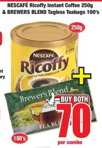 Boxer NESCAFÉ Ricoffy Instant Coffee 250g & BREWERS BLEND Tagless Teabags 100's offer