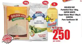 Boxer GOLDEN RAY Parboiled Rice 10kg, SUPER WHITE Super Maize Meal 10kg & SUNFOIL Pure Sunflower Oil 2L offer