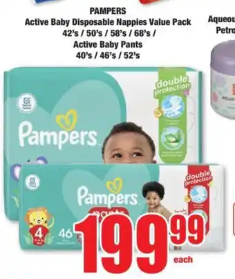 Boxer PAMPERS Active Baby Disposable Nappies Value Pack 42's/ 50's/ 58's/ 68's, Active Baby Pants 40's/46's/52's offer