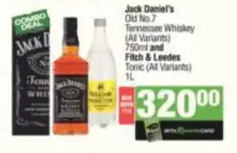 Spar Tops Jack Daniel's Old No.7 Tenn Fitch & Leedes Tonic (All Variants) 1L essee Whiskey (All Variants) 750ml and offer