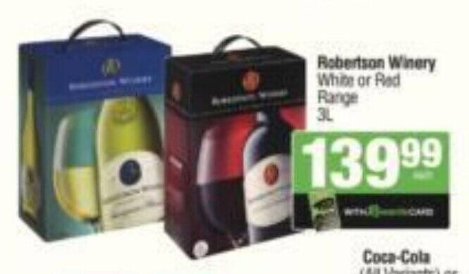 Robertson Winery White or Red Range 3L offer at Spar Tops