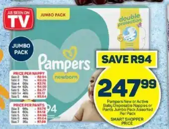 Pick n Pay Pampers New or Active Baby Disposable Nappies or Pants Jumbo Pack Assorted Per Pack offer