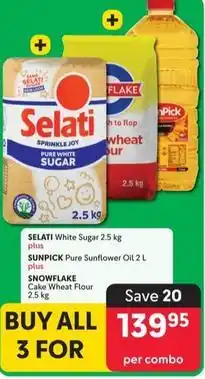 Makro Selati white sugar + sunpick pure sunflower oil + snowflake cake wheat flour offer