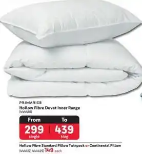 Primaries - hollow fibre duvet inner range