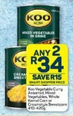 Pick n Pay Koo Vegetable Curry Assorted Mixed Vegetables, Whole Kernel Corn or Creamstyle Sweetcorn 410-420g offer