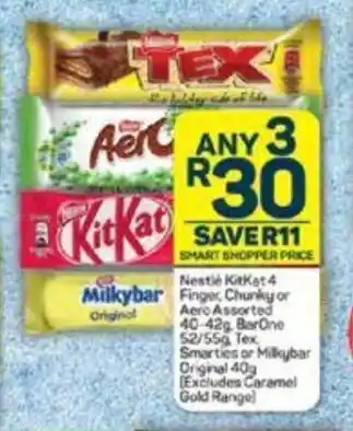 Pick n Pay Nestlé KitKat 4 Finger Chunky or Aero Assorted 40-42g, BarOne 52/55g, Tex Smarties or Milkybar Original 40g offer