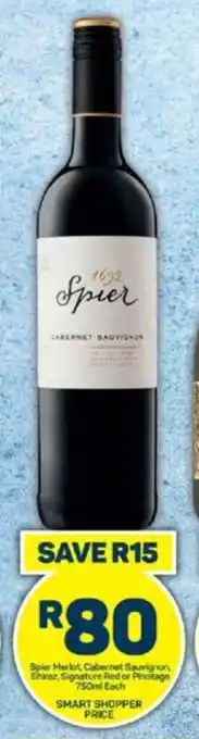 Pick n Pay Spier Merlot, Cabernet Sauvignon Shiraz, Signature Red or Pinotage 750ml Each offer