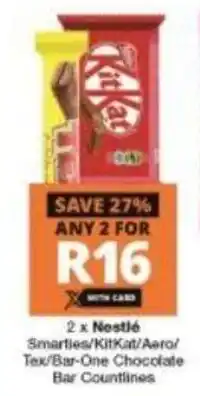 Checkers Nestlé Amarties/Kitkat/Aero/Tex/Bar-One Chocolate Bar Countlines offer