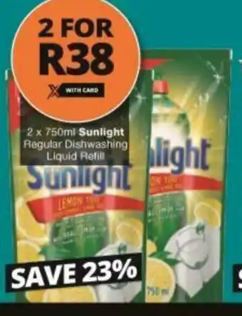 Checkers Sunlight Regular Dishwashing Liquid Refill 2 x 750ml offer