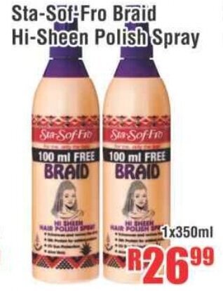 Devland Cash And Carry Sta-Sof-Fro Braid Hi-Sheen Polish Spray 1x350ml offer