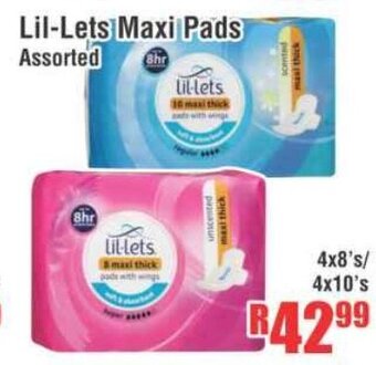 Devland Cash And Carry Lil-Lets Maxi Pads Assorted 4x8's/4x10's offer