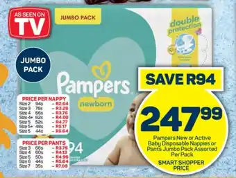 Pampers New or Active Baby Disposable Nappies or Pants Jumbo Pack Assorted Per Pack