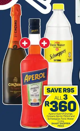 Aperol Apertif Orange, Cinzano Spritz 750ml and Schweppes Tonic Water 1 Litre