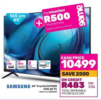 Game SAMSUNG 65" Crystal CU7000 UHD 4K TV offer