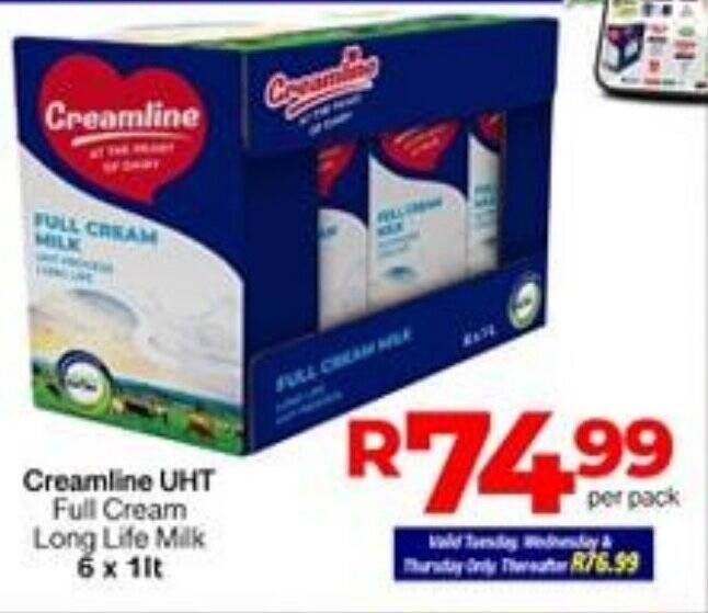 Creamline UHT Full Cream Long Life Milk 6 x 1lt offer at Take 'n Pay