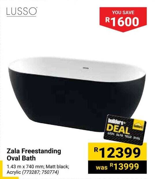 Zala Freestanding Oval Bath offer at Builders Warehouse