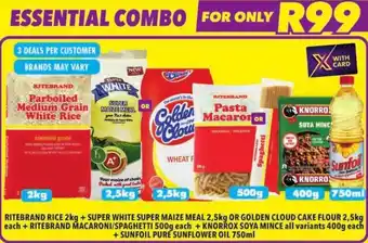 Shoprite RITEBRAND RICE 2kg + SUPER WHITE SUPER MAIZE MEAL 2,5kg OR GOLDEN CLOUD CAKE FLOUR 2,5kg each+RITEBRAND MACARONI/SPAGHETTI offer