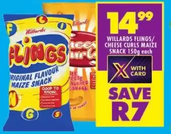 Shoprite WILLARDS FLINGS/ CHEESE CURLS MAIZE SNACK 150g each offer