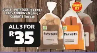 Usave CLASS 1 POTATOES 1kg bag + CLASS 1 ONIONS 1kg bag+ CARROTS 1kg bag offer