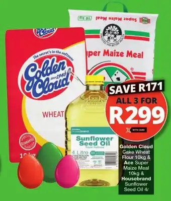 Checkers Golden Cloud Cake Wheat Flour 10kg & Ace Super Maize Meal Housebrand Sunflower Seed Oil 4L offer