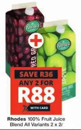 Checkers Rhodes 100% Fruit Juice Blend All Variants 2 x 2L offer