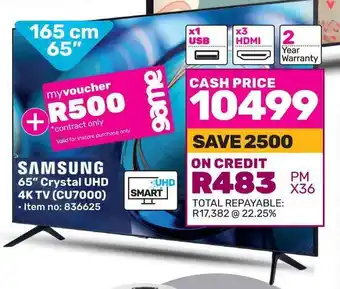 Game SAMSUNG 65" Crystal UHD 4K TV (CU7000) offer