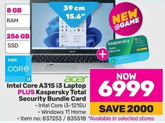 Game Acer Intel Core A315 i3 Laptop PLUS Kaspersky Total Security Bundle Card offer