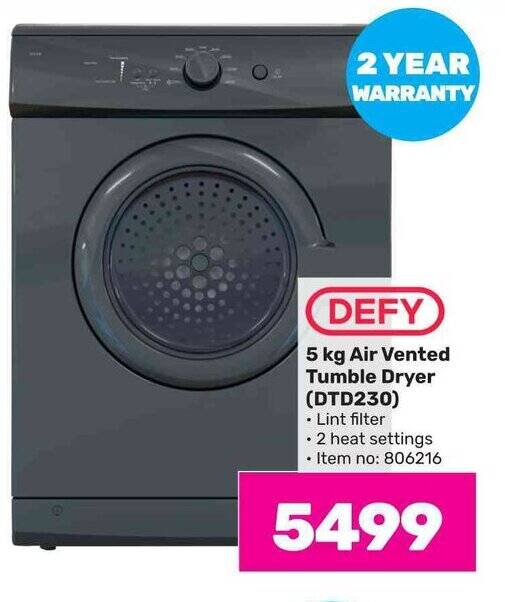 DEFY 5 kg Air Vented Tumble Dryer (DTD230) offer at Game