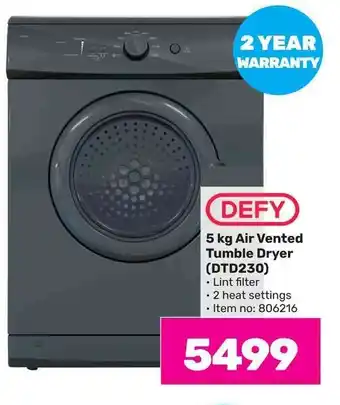 Game DEFY 5 kg Air Vented Tumble Dryer (DTD230) offer