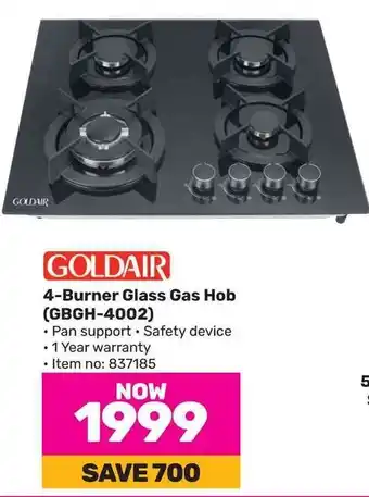 Game GOLDAIR 4-Burner Glass Gas Hob (GBGH-4002) offer