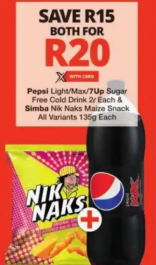 Checkers Pepsi Light/Max/7Up Sugar Free Cold Drink 2 Each & Simba Nik Naks Maize Snack All Variants 135g Each offer