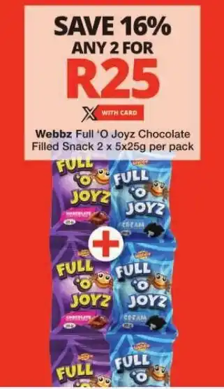 Checkers Webbz Full 'O Joyz Chocolate Filled Snack 2 x 5x25g per pack offer