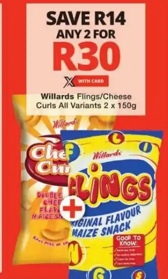 Checkers Willards Flings/Cheese Curls All Variants 2 x 150g offer