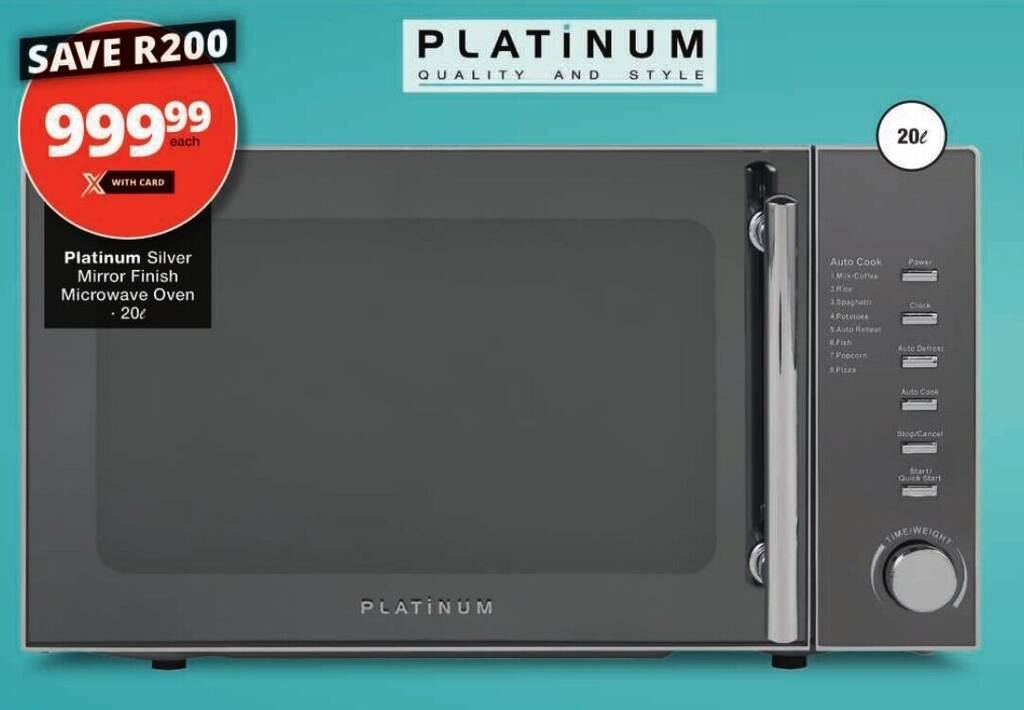 Platinum Silver Mirror Finish Microwave Oven 20L offer at Checkers