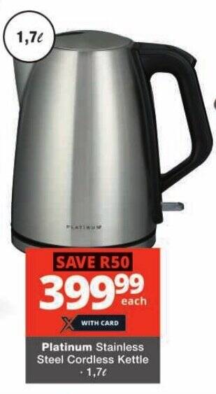 Platinum Stainless Steel Cordless Kettle offer at Checkers