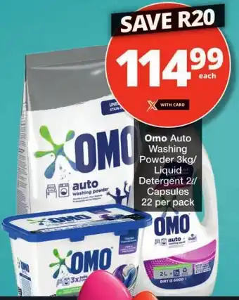 Checkers Omo Auto Washing Powder 3kg/ Liquid Detergent 2/ Capsules 22 per pack offer