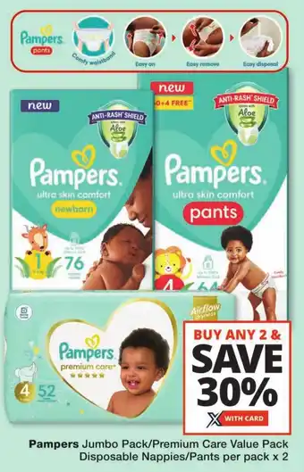 Checkers Pampers Jumbo Pack/Premium Care Value Pack Disposable Nappies/Pants per pack x 2 offer