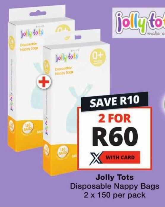 Jolly Tots Disposable Nappy Bags 2 x 150 per pack offer at Checkers