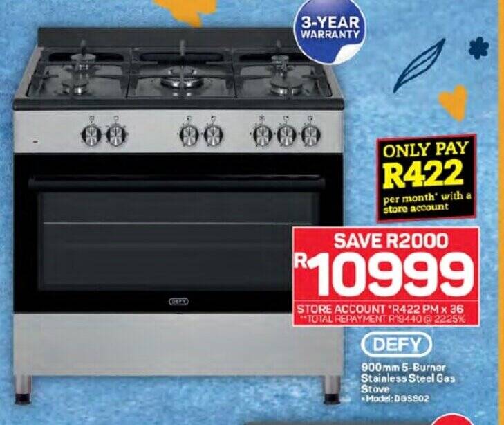 DEFY 900mm 5Burner Stainless Steel Gas Stove offer at Pick n Pay
