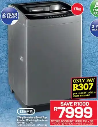 Pick n Pay Hypermarket DEFY 17kg Stainless Steel Top Loader Washing Machine offer