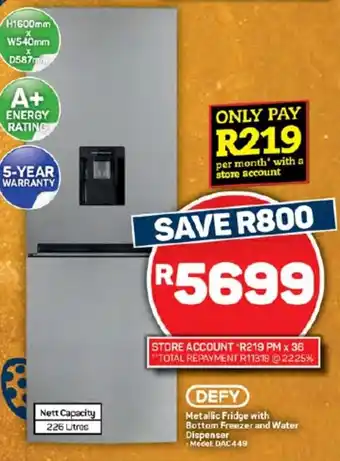 Pick n Pay Hypermarket DEFY Metallic Fridge with Bottom Freezer and Water Dispenser offer