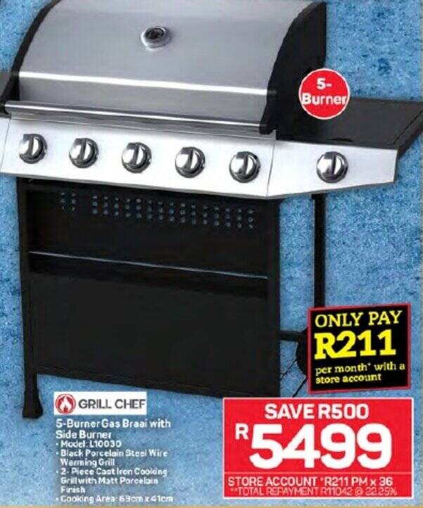 GRILL CHEF 5Burner Gas Braai with Side Burner offer at Pick n Pay