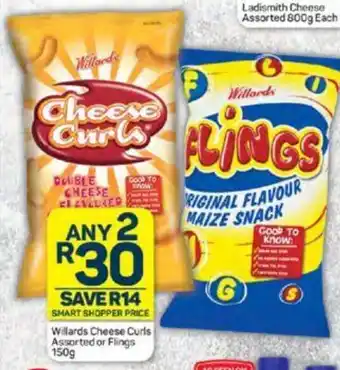 Pick n Pay Willards Cheese Curls Assorted or Flings 150g offer